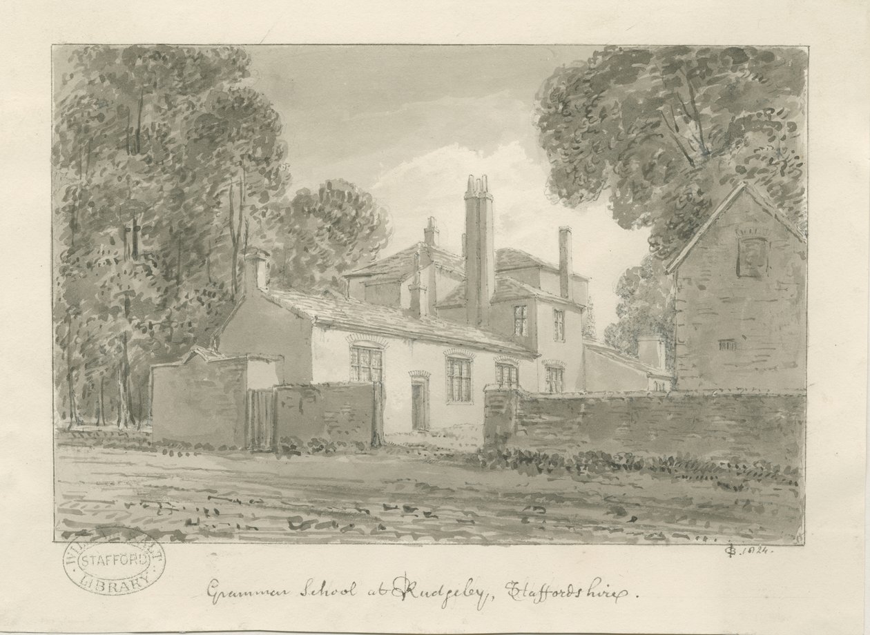 Rugeley Town - Grammar School: desenho em sépia, 1824 de John Chessell Buckler