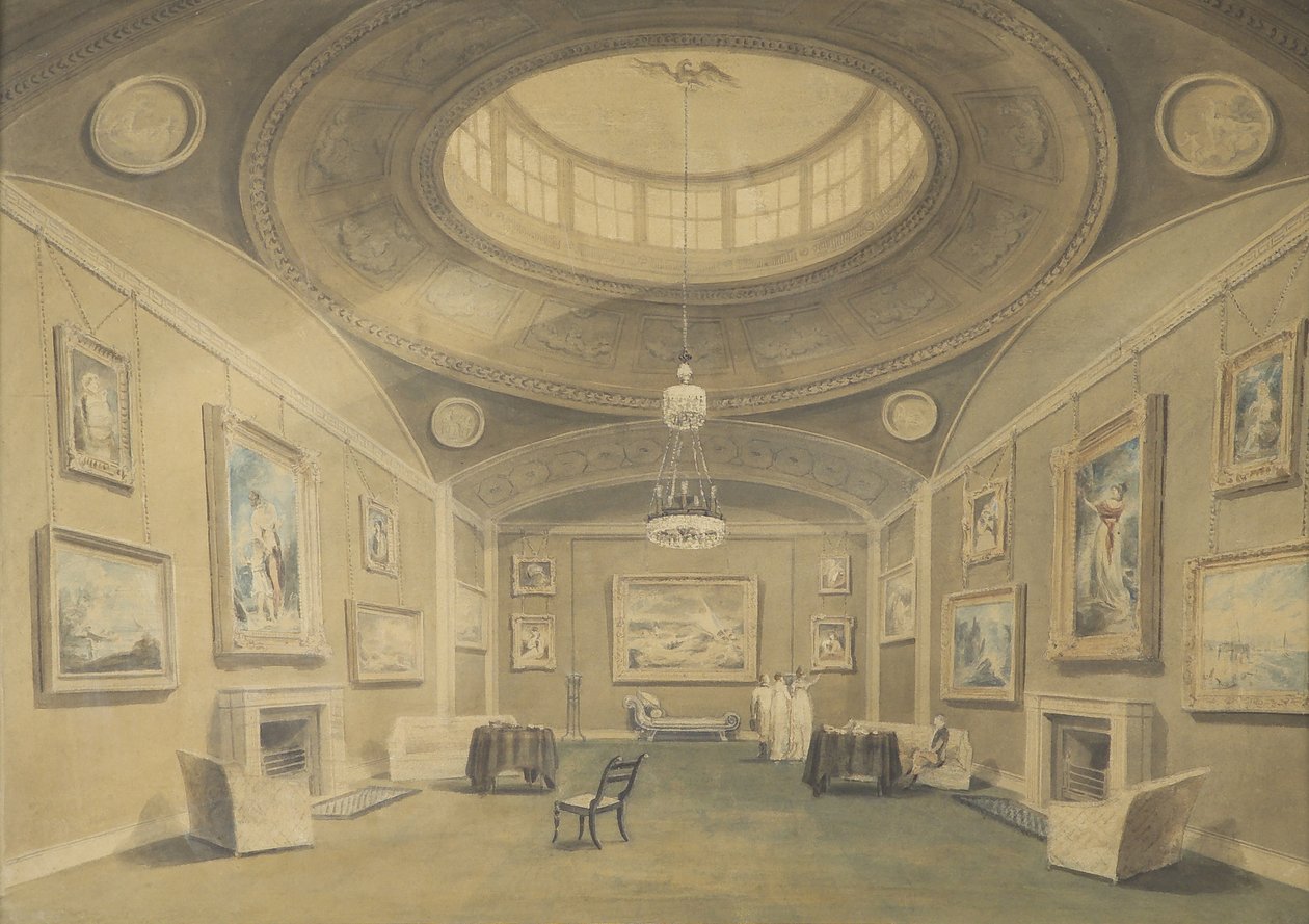 Esboço de Sir John Leicesters Galeria de fotos de artistas britânicos, Hill Street, Berkley Square, 1806 (lápis & lavagem no papel) de John Chessell Buckler