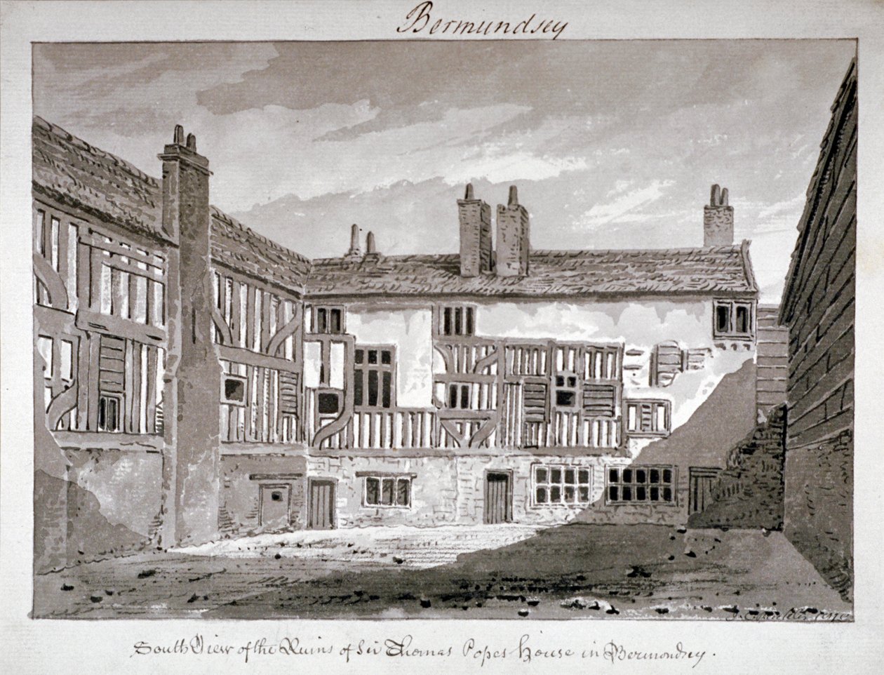 Vista sul dos restos da casa de Thomas Pope, Mill Lane, Bermondsey, Londres, 1808. de John Chessell Buckler