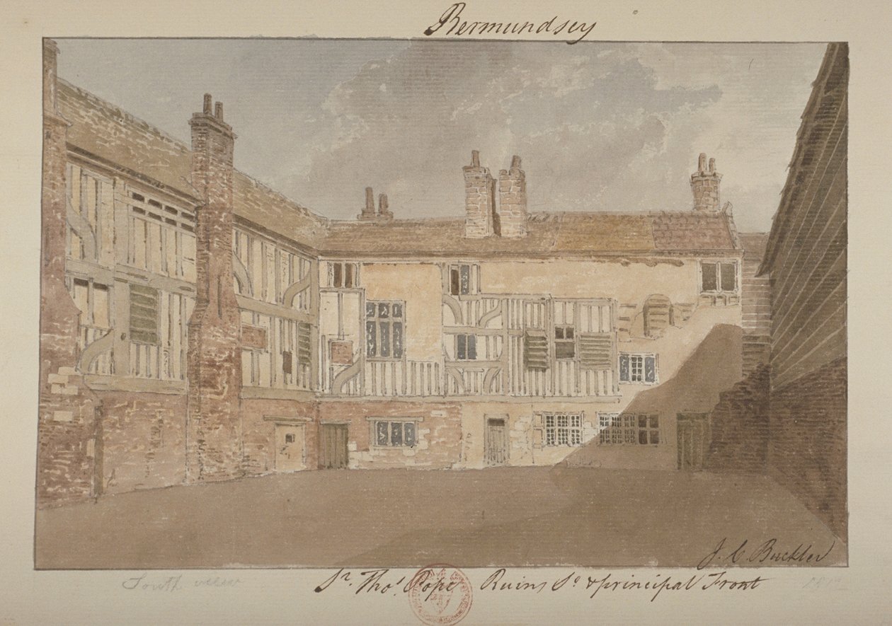 Vista sul das ruínas da Bermondsey House, 1827 de John Chessell Buckler
