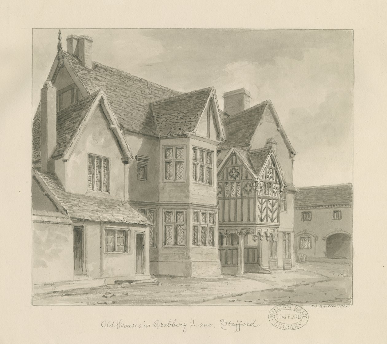 Stafford - Old Houses in Crabbery Lane: desenho sépia, 1841 de John Chessell Buckler