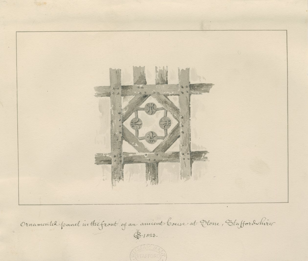 Pedra - Painel Ornamental sobre uma Casa Antiga: desenho de lavagem sépia de John Chessell Buckler
