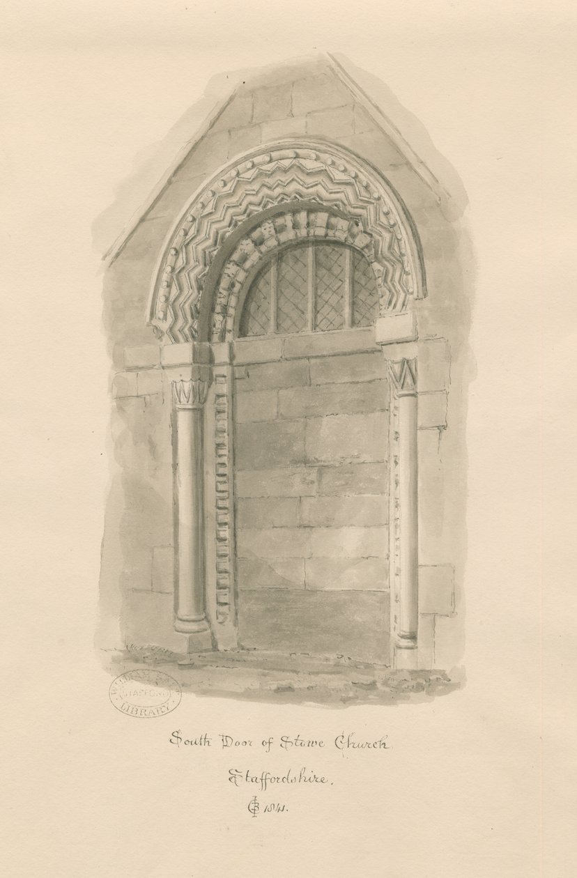 Igreja Stowe - Porta Sul: desenho sépia de John Chessell Buckler