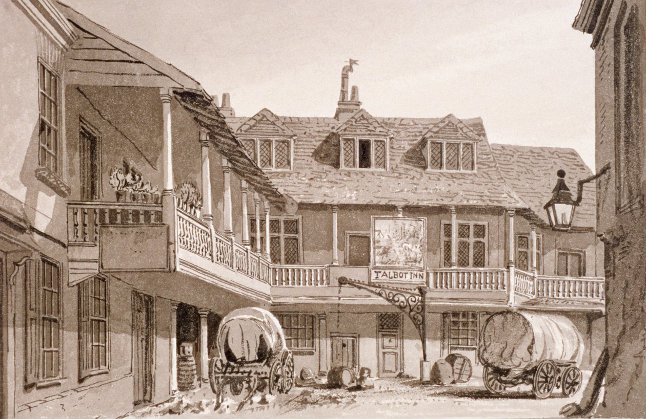 The Tabard Inn na Borough High Street, Southwark, Londres, 1827. de John Chessell Buckler