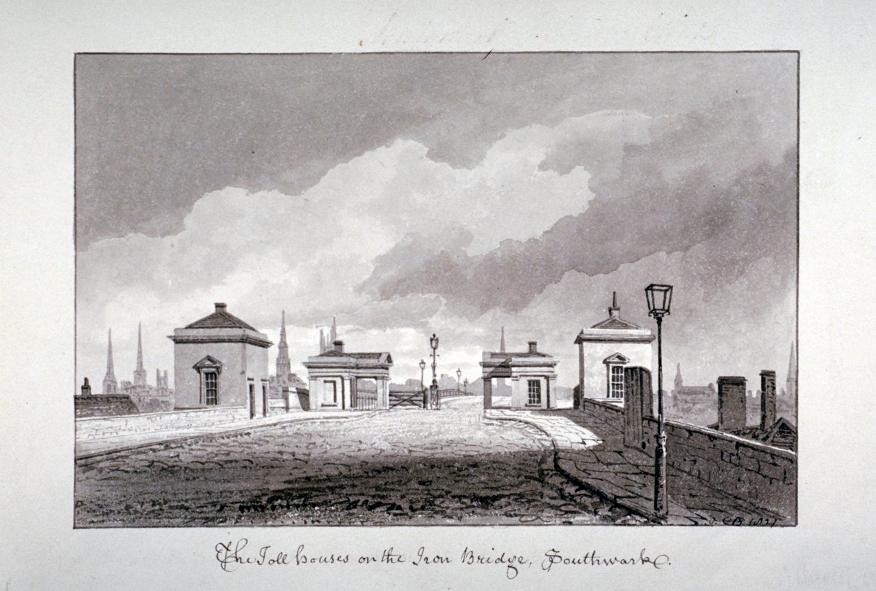 Casas de pedágio em Southwark Bridge, Londres, 1827. de John Chessell Buckler