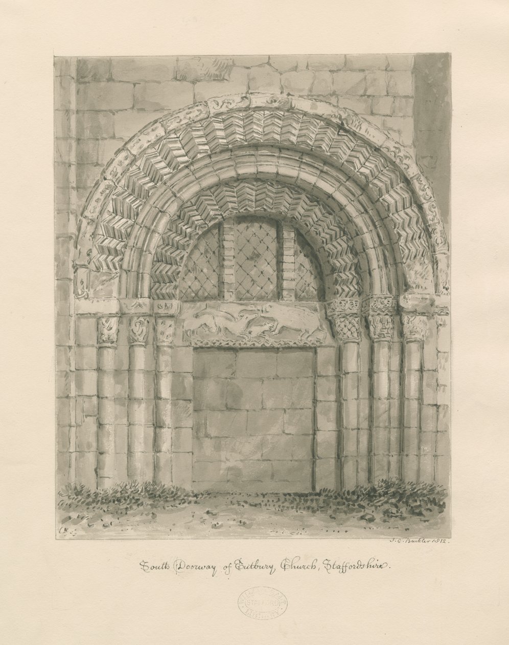 Igreja do Priorado de Tutbury - Porta Sul: desenho em sépia, 1812 de John Chessell Buckler