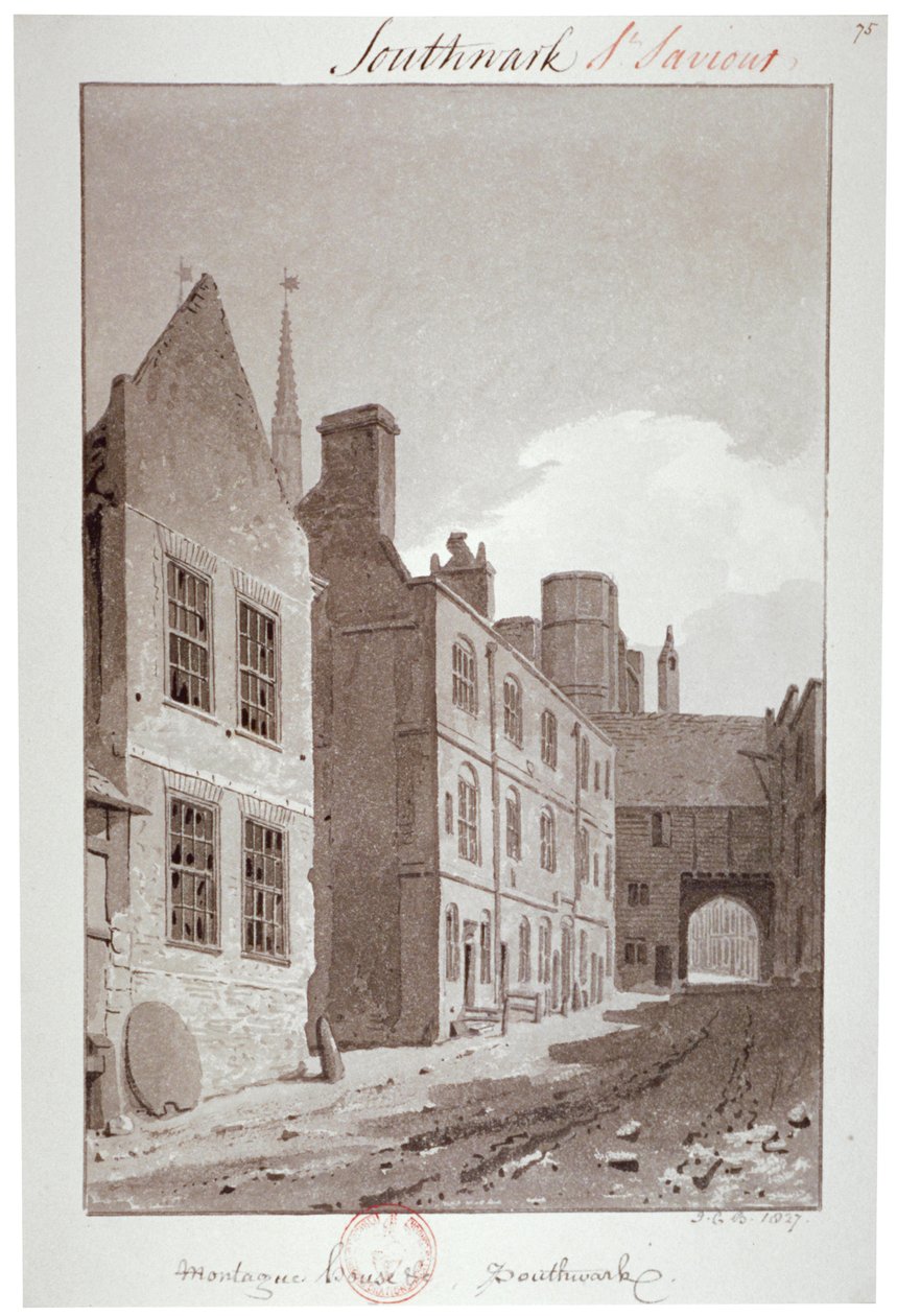 Vista olhando para o portão de Montague House, Southwark, Londres, 1827 de John Chessell Buckler