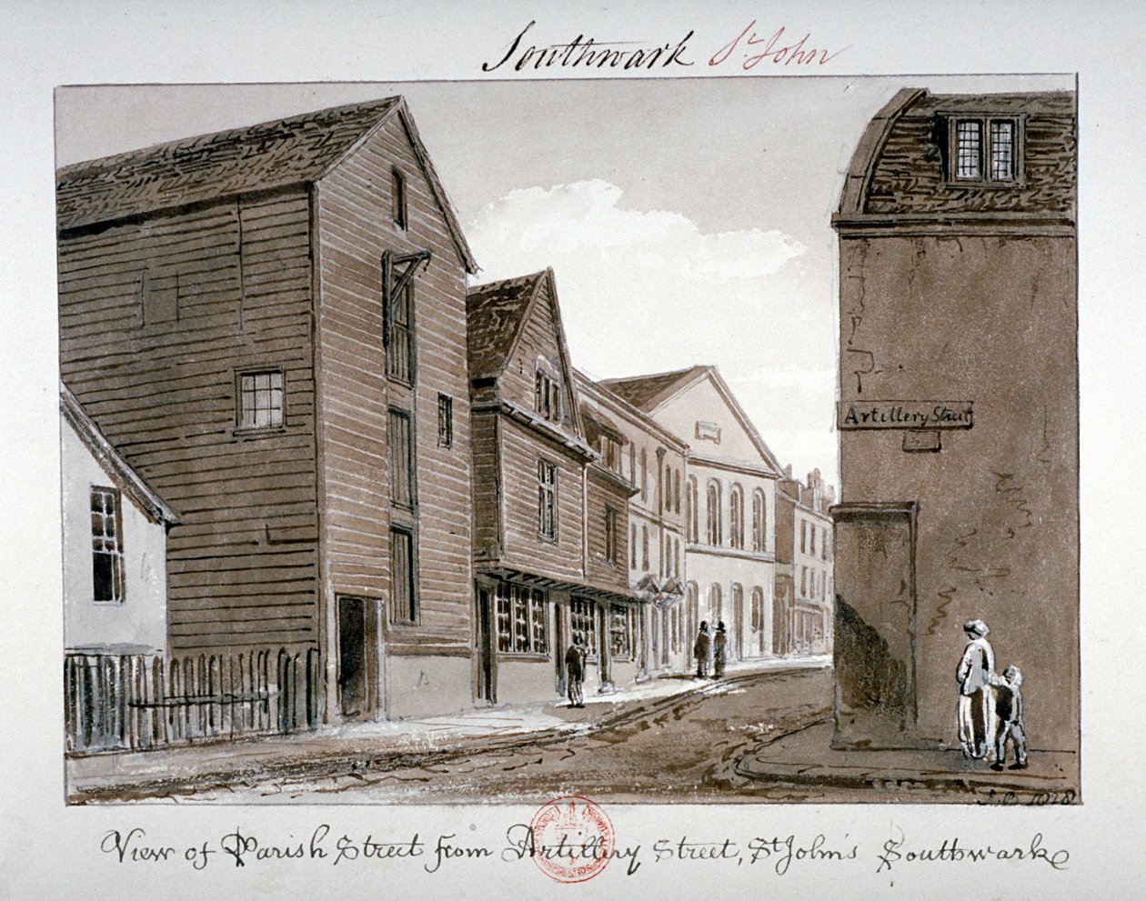 Vista da Parish Street e Artillery Street, Bermondsey, Londres, 1828 de John Chessell Buckler