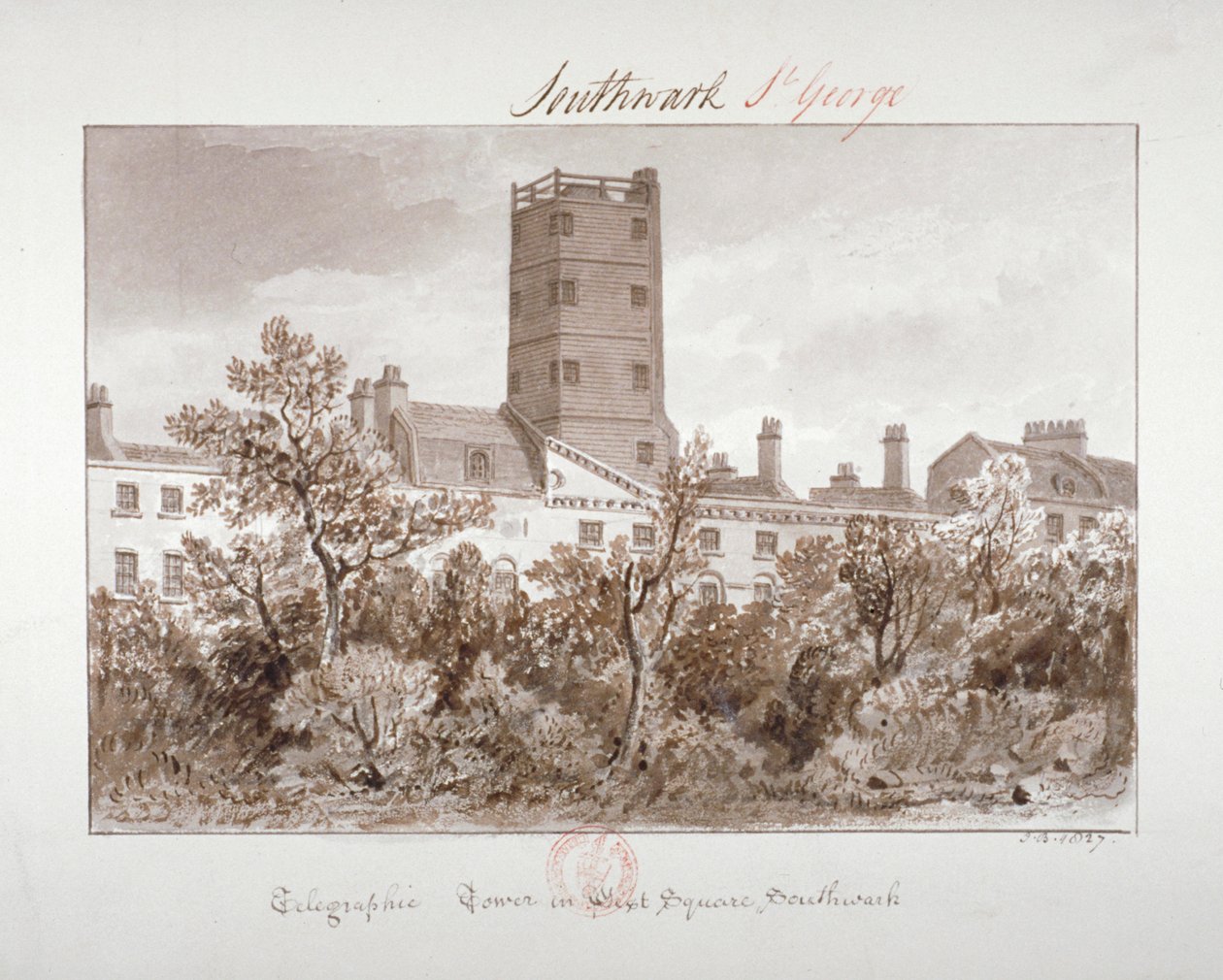 Vista da torre telegráfica em West Square, Southwark, Londres, 1827 de John Chessell Buckler