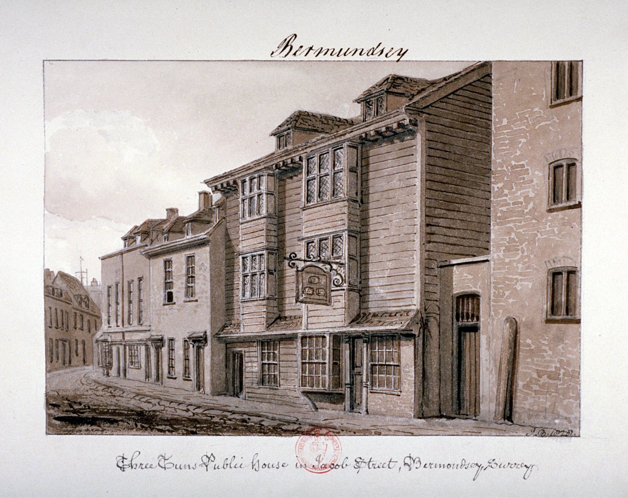 Vista da casa pública Three Tuns na Jacob Street, Bermondsey, Londres, 1828 de John Chessell Buckler