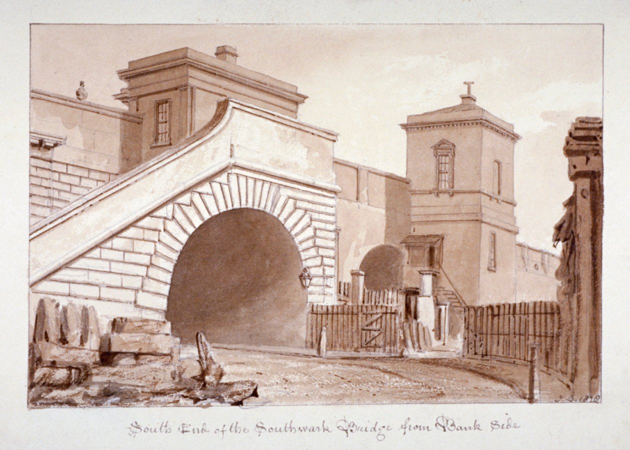 Vista da extremidade sul da Southwark Bridge de Bankside, Southwark, Londres, 1828 de John Chessell Buckler