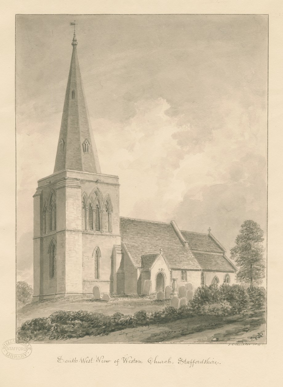 Igreja Weston-on-Trent: desenho sépia de John Chessell Buckler