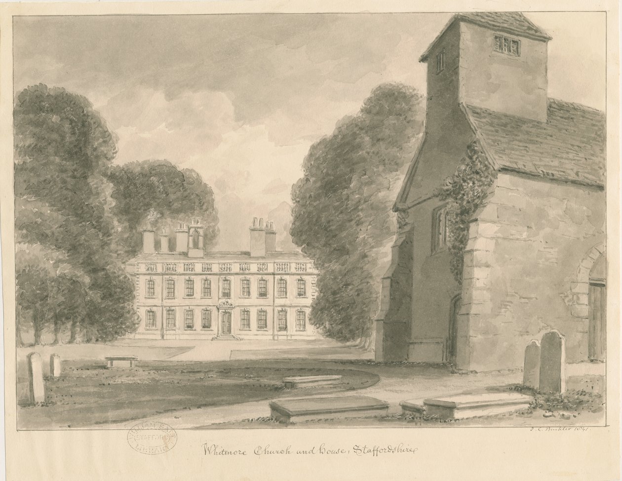 Igreja e Casa Whitmore: desenho em sépia, 1841 de John Chessell Buckler