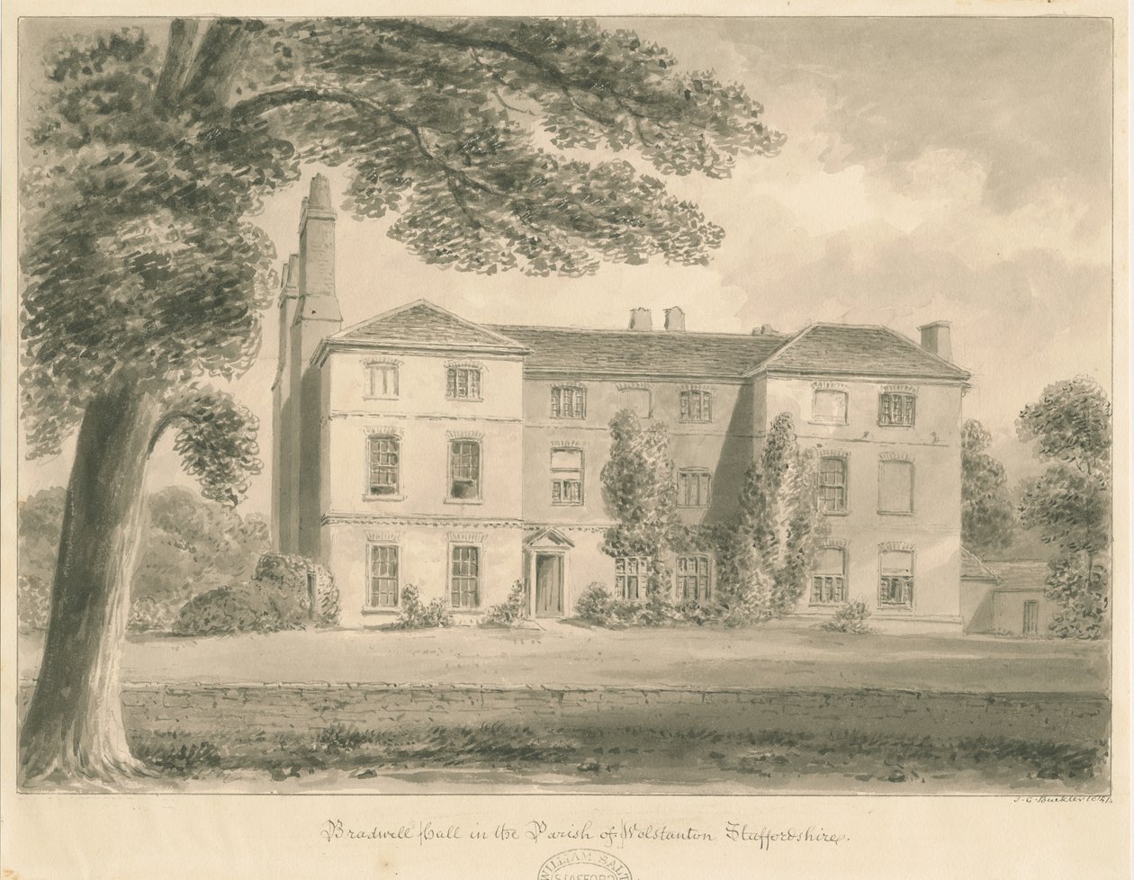 Wolstanton - Bradwell Hall: desenho em sépia de John Chessell Buckler