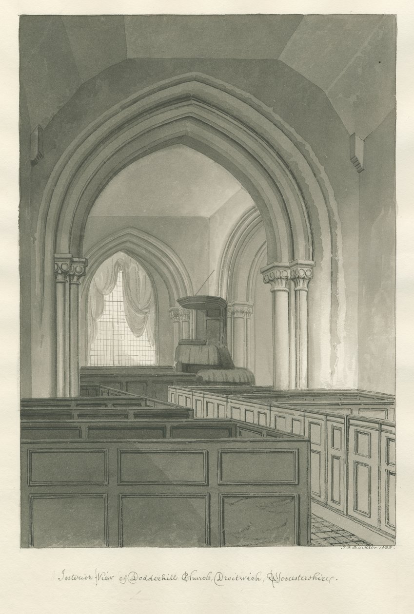 Worcestershire - Droitwich - Dodderhill Church Interior : desenho sépia de John Chessell Buckler