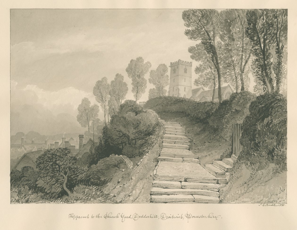 Worcestershire - Droitwich - Igreja de Dodderhill: desenho em sépia, 1833 de John Chessell Buckler