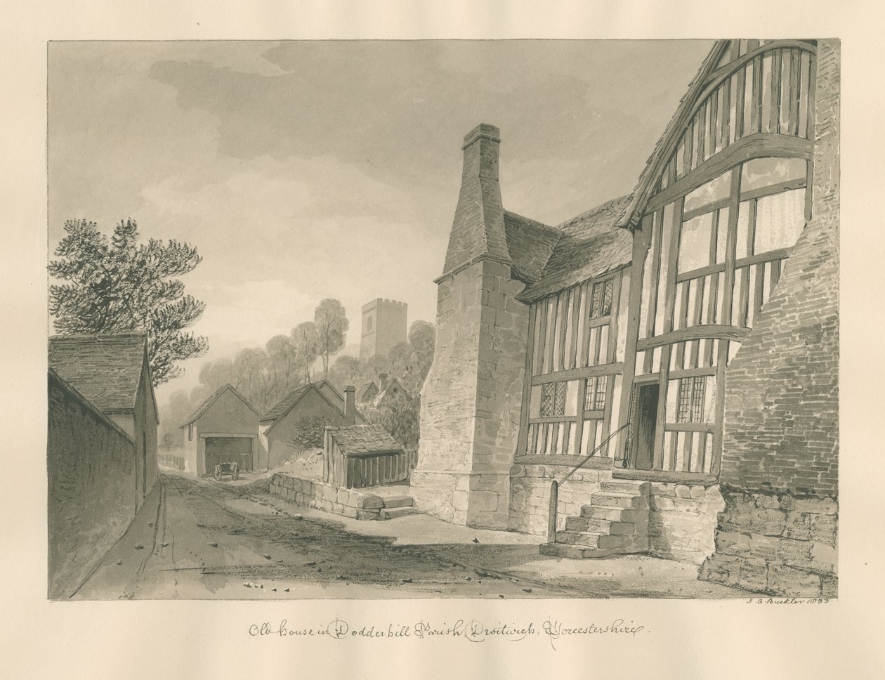 Worcestershire - Droitwich - Dodderhill Old House: desenho sépia de John Chessell Buckler