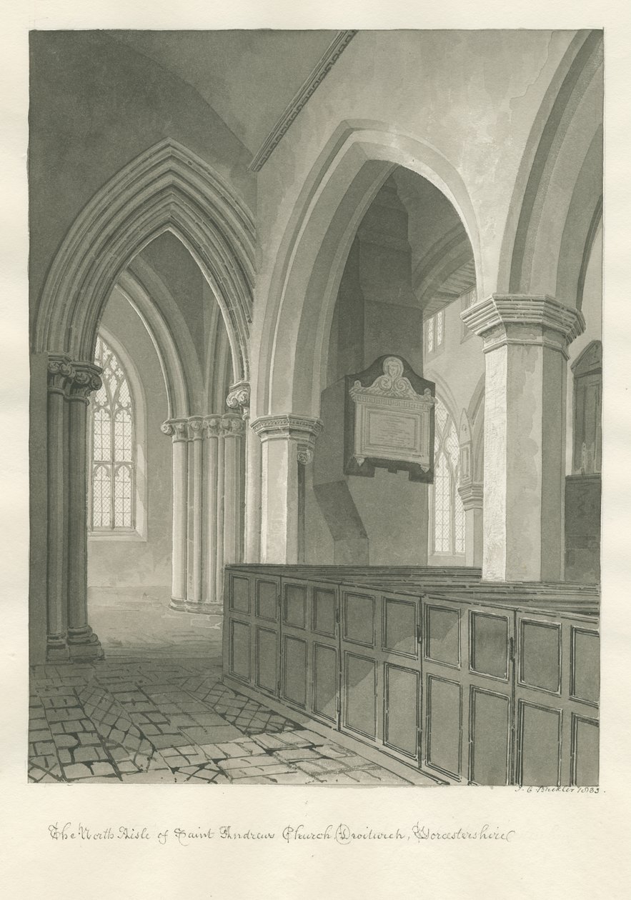 Worcestershire - Droitwich - Igreja de Santo André Interior: desenho sépia de John Chessell Buckler