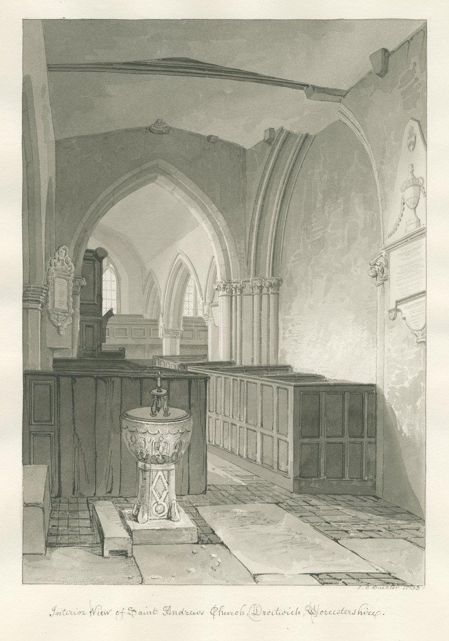 Worcestershire - Droitwich - Interior da igreja de Saint Andrew: desenho em sépia, 1833 de John Chessell Buckler