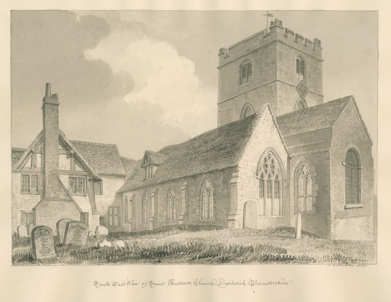 Worcestershire - Droitwich - Igreja de Santo André: desenho em sépia de John Chessell Buckler