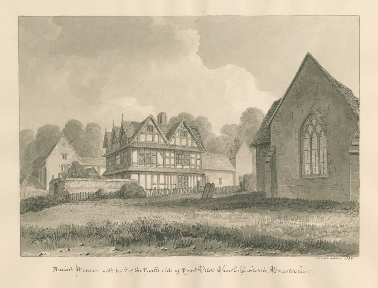 Worcestershire - Droitwich - Mansão Antiga da Igreja de São Pedro: desenho em sépia, 1833 de John Chessell Buckler