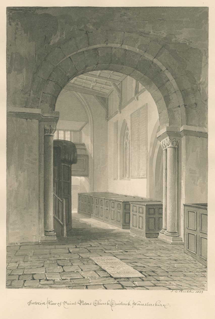 Worcestershire - Droitwich - Igreja de São Pedro Interior : desenho sépia de John Chessell Buckler