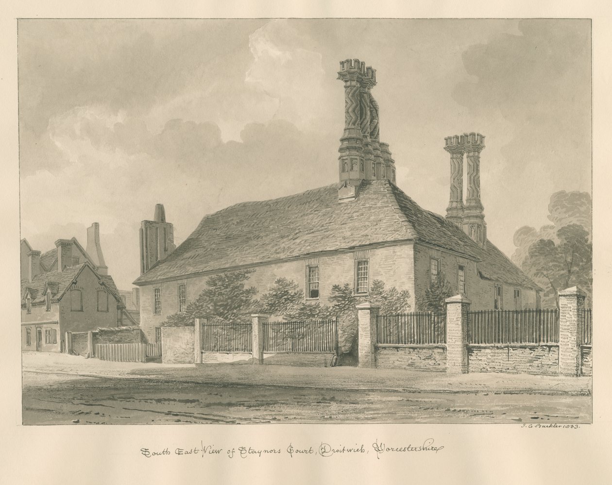 Worcestershire - Droitwich - Staynors Court: desenho em sépia, 1833 de John Chessell Buckler