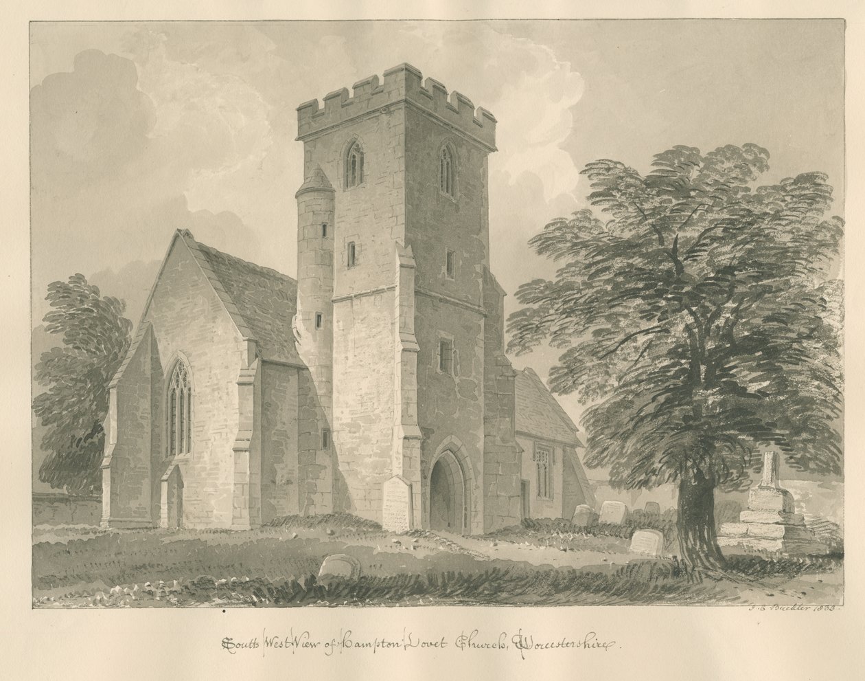 Worcestershire - Igreja de Hampton Lovett: desenho em sépia, 1833 de John Chessell Buckler