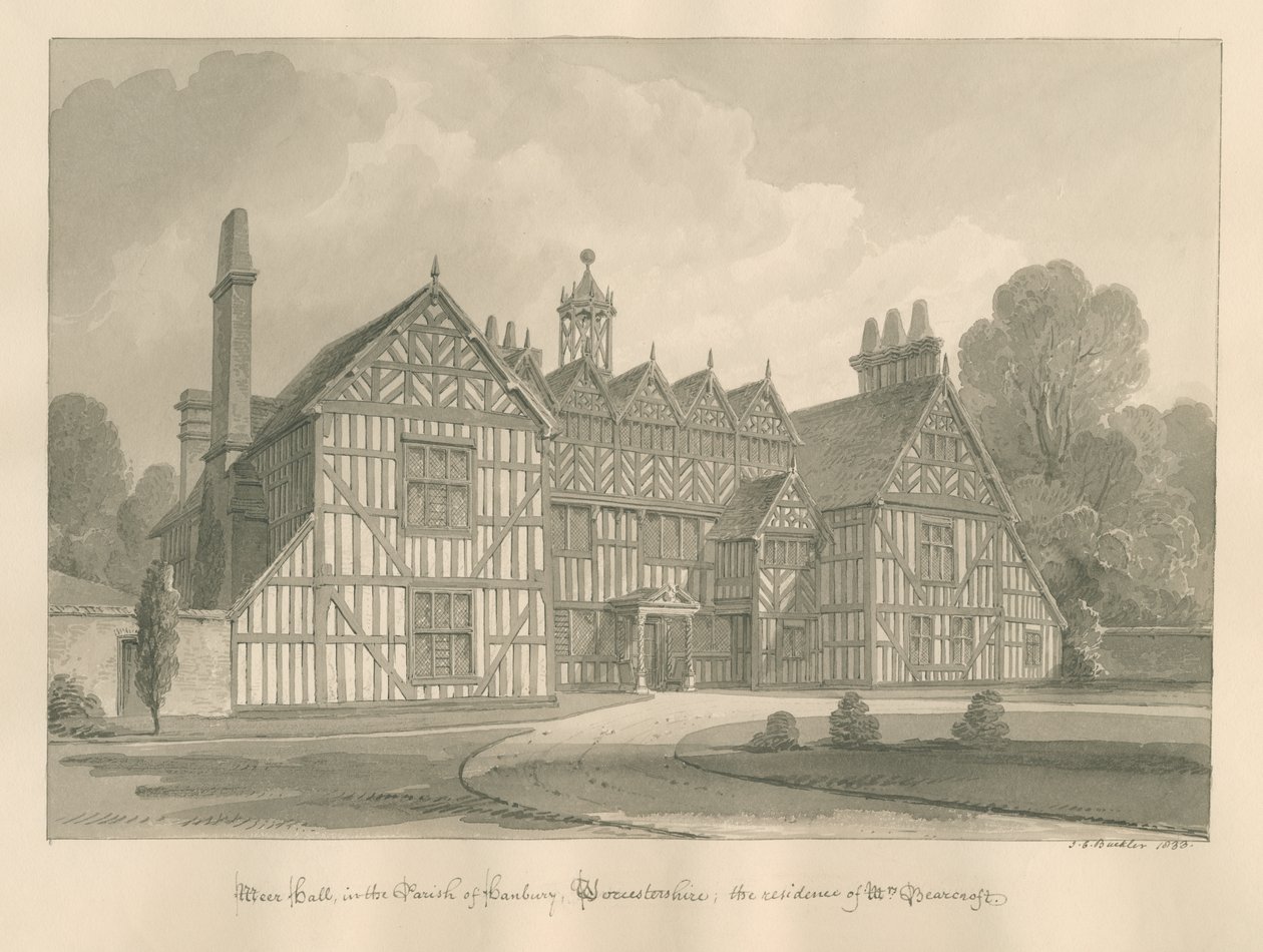 Worcestershire - Hanbury - Meer Hall: desenho sépia de John Chessell Buckler
