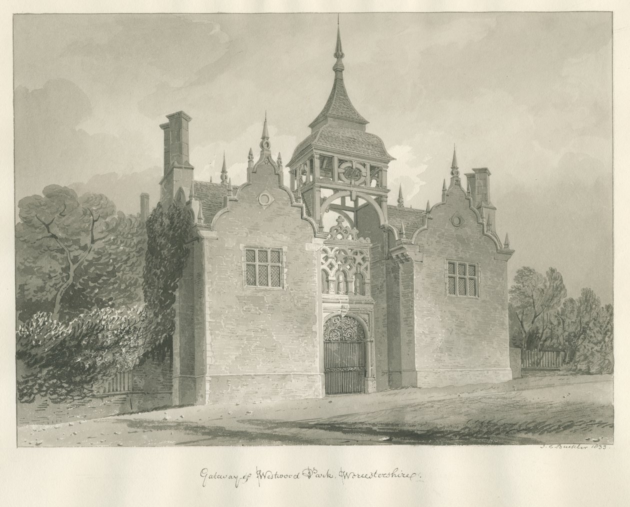 Worcestershire - Westwood Park - Portão de entrada: desenho sépia, 1833 de John Chessell Buckler