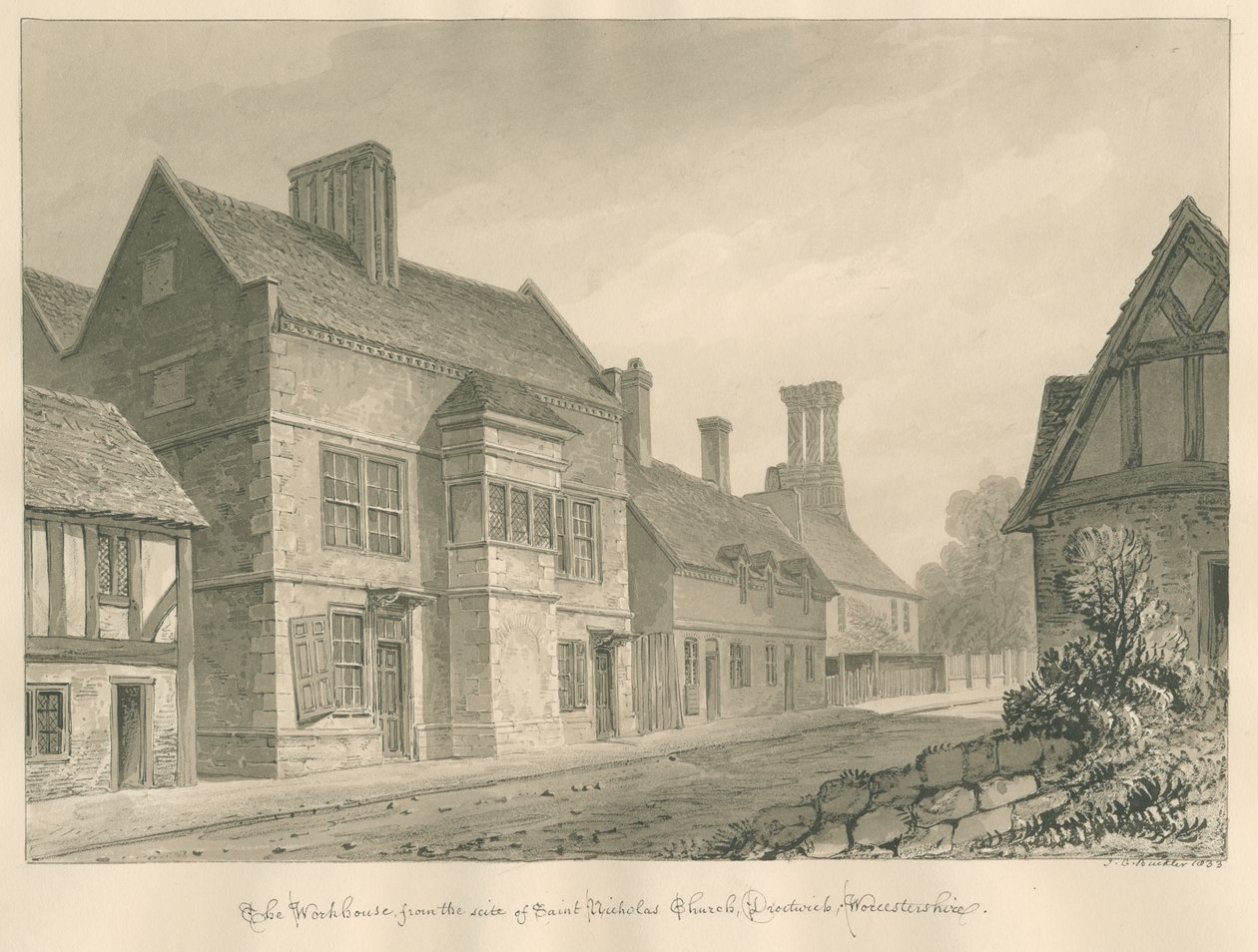 Worcesteshire - Droitwich - Workhouse: desenho sépia de John Chessell Buckler