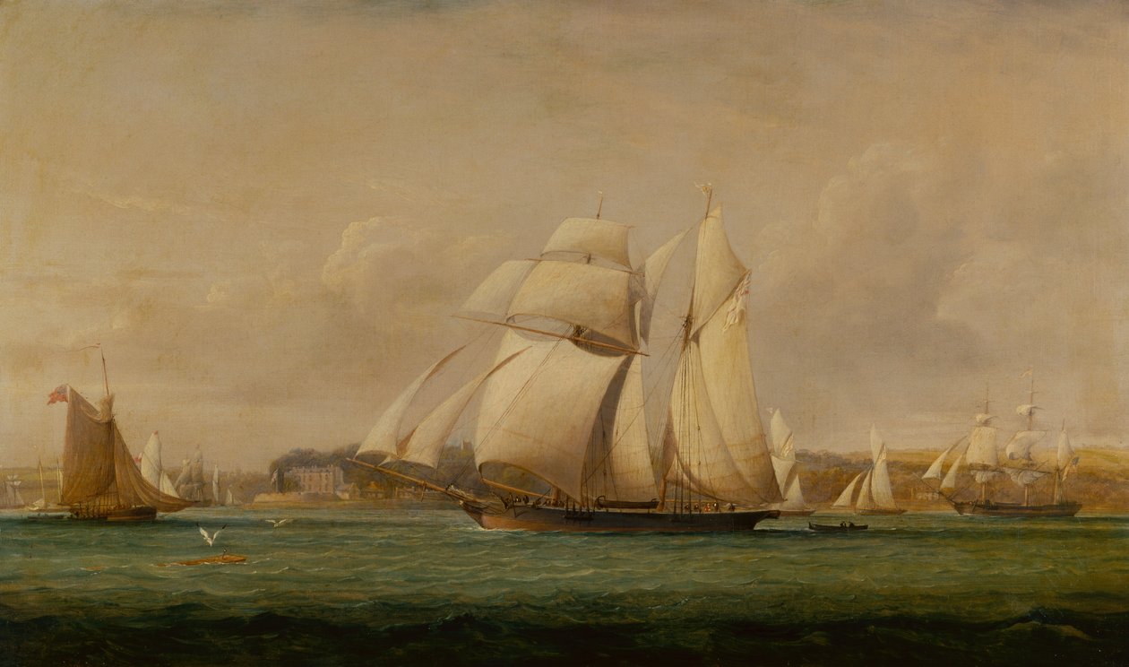 Uma Top Sail Schooner, dois Royal Yacht Squadron Cutters e um navio mercante americano (petróleo) de John Christian Schetky