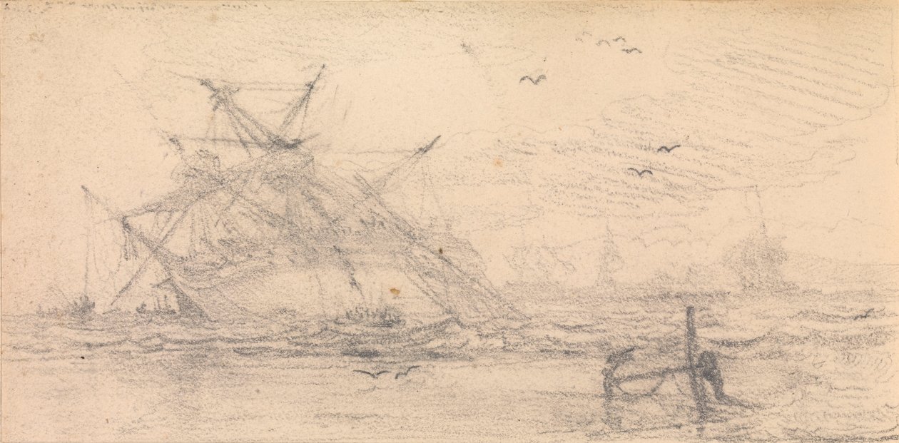 Um navio de dois andares naufragado numa praia de John Christian Schetky