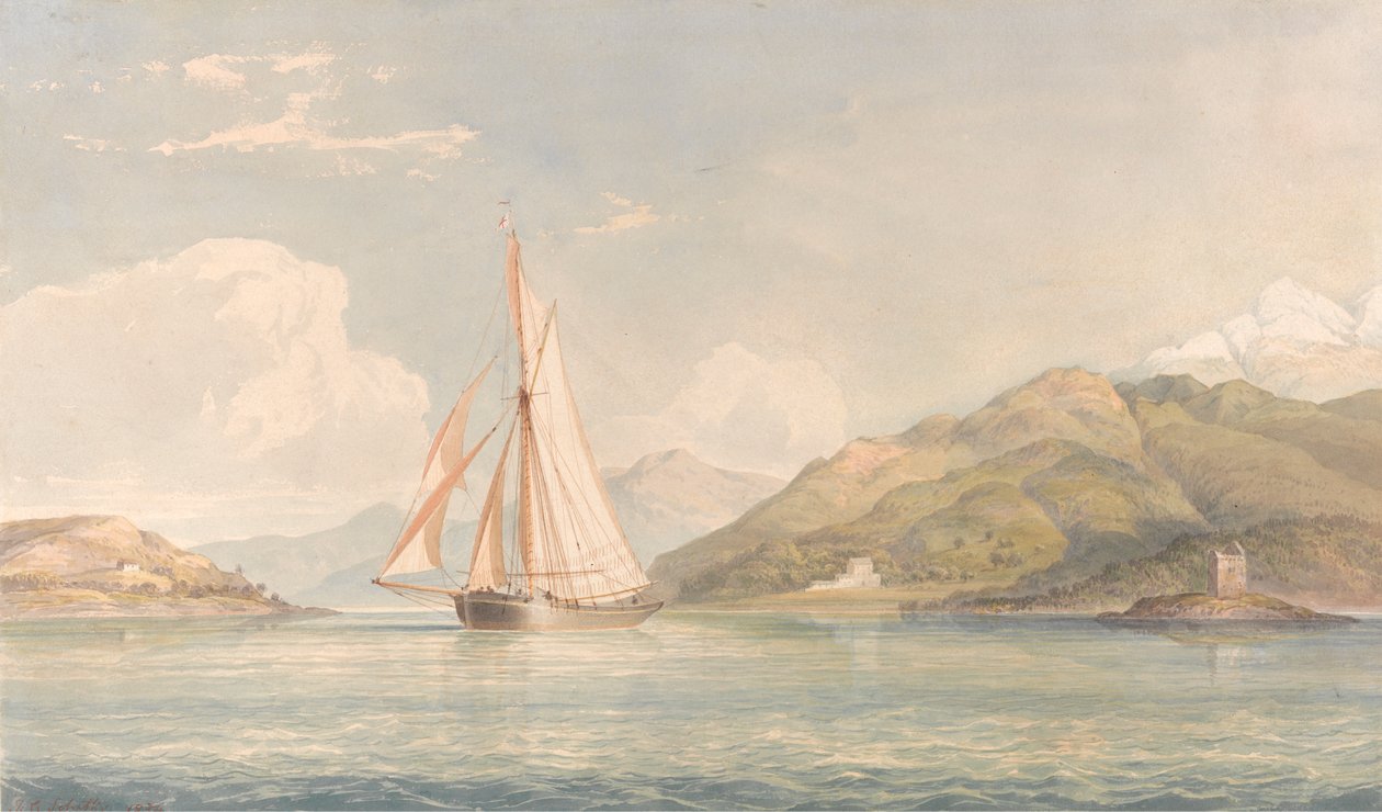 Barco à Esquerda com Montanhas ao Fundo de John Christian Schetky