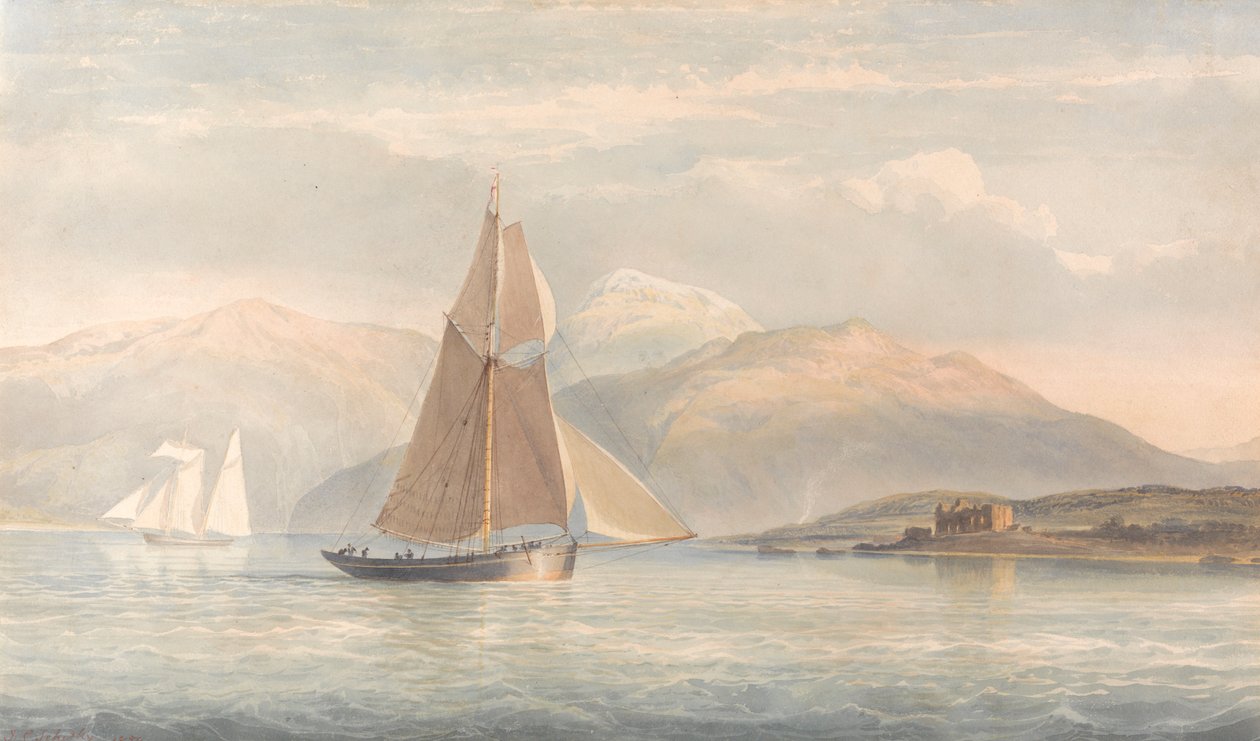 Navegação de Barco à Direita com Montanhas ao Fundo de John Christian Schetky