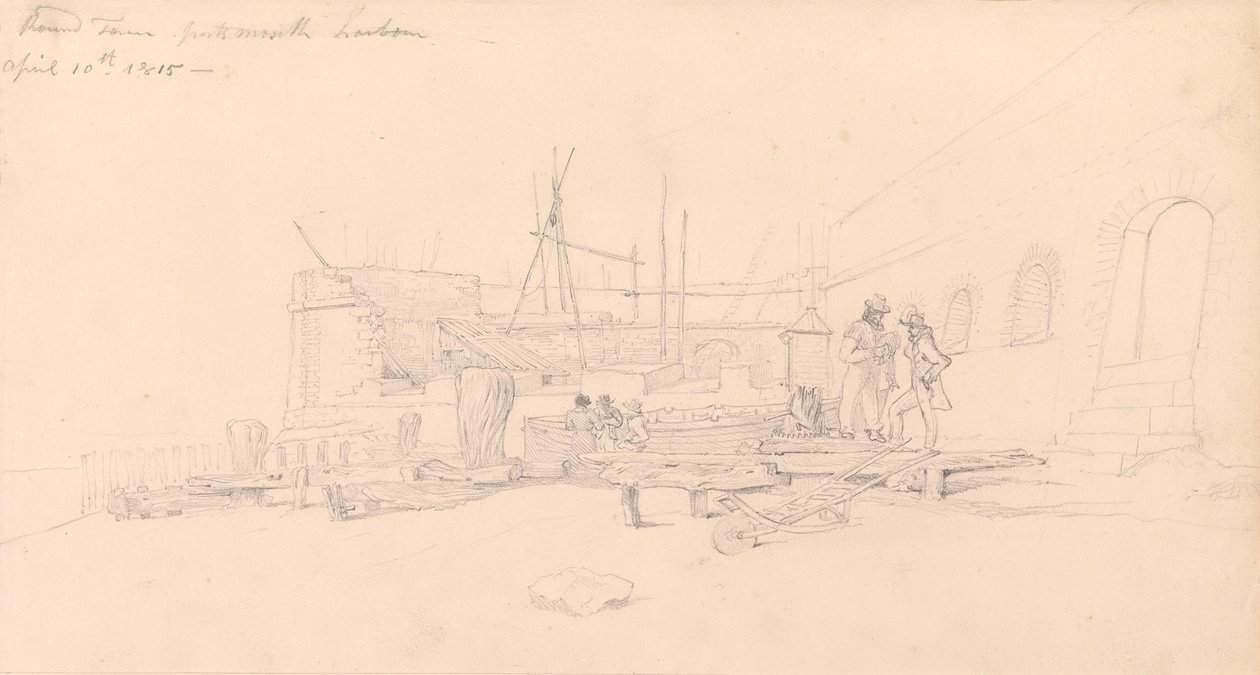 Desenho da Torre Redonda, porto de Portsmouth de John Christian Schetky