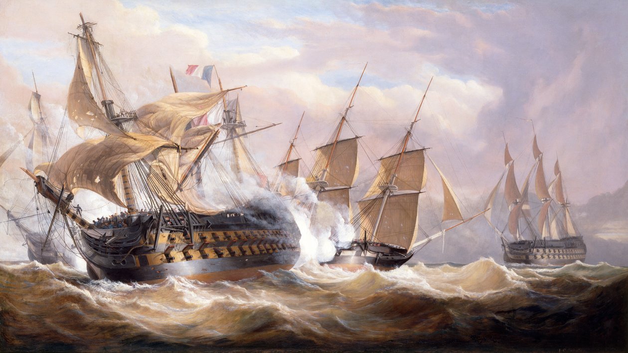 O Guillaume Tell sendo contratado pelo H.M.S. Penélope e H.M.S Loin de Malta durante o bloqueio, 30 de março de 1800 (óleo sobre tela) de John Christian Schetky