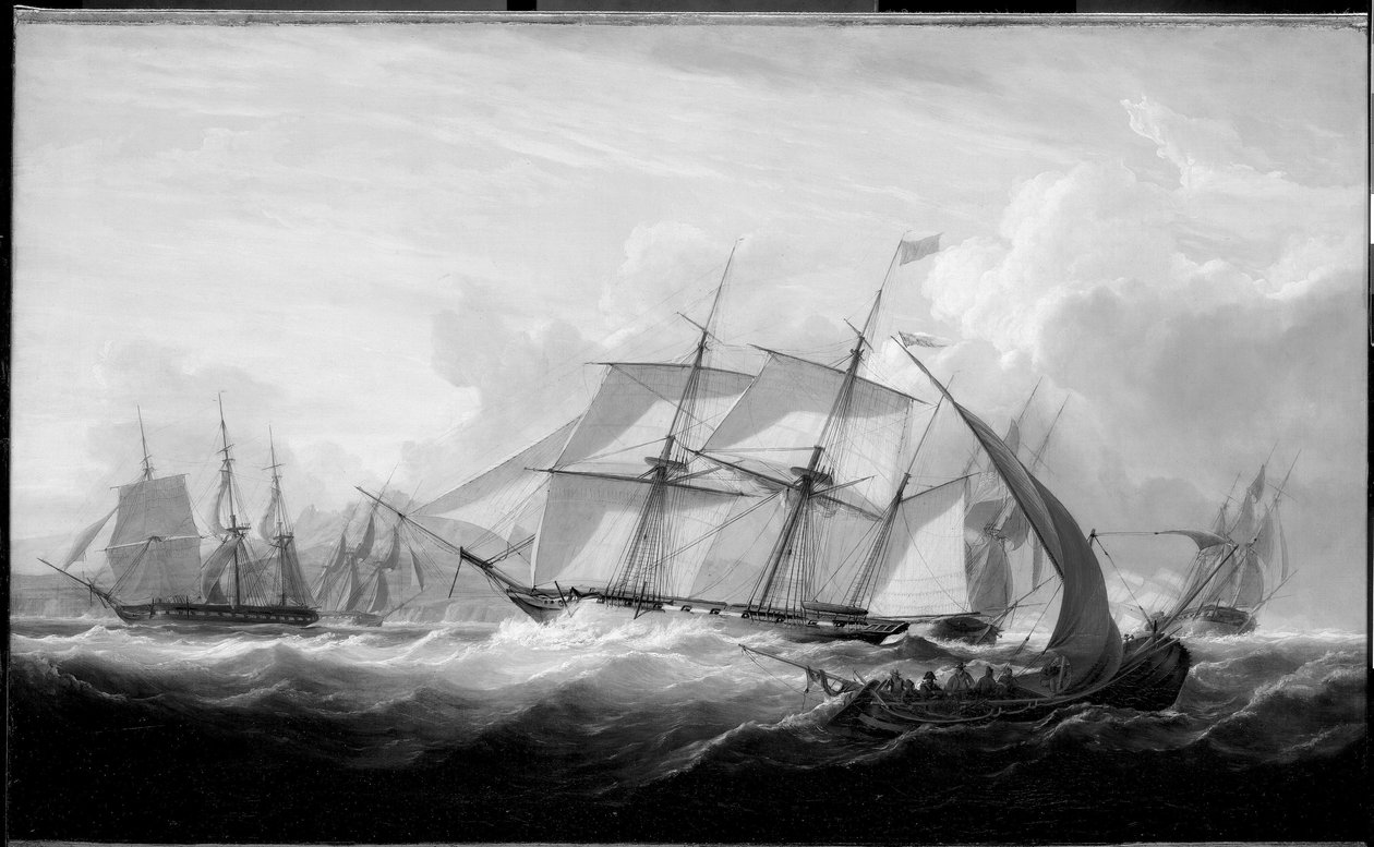 O navio HMS "Columbine" e outros barcos ao largo da costa de Lisboa (Portugal). óleo sobre tela de John Christian Schetky