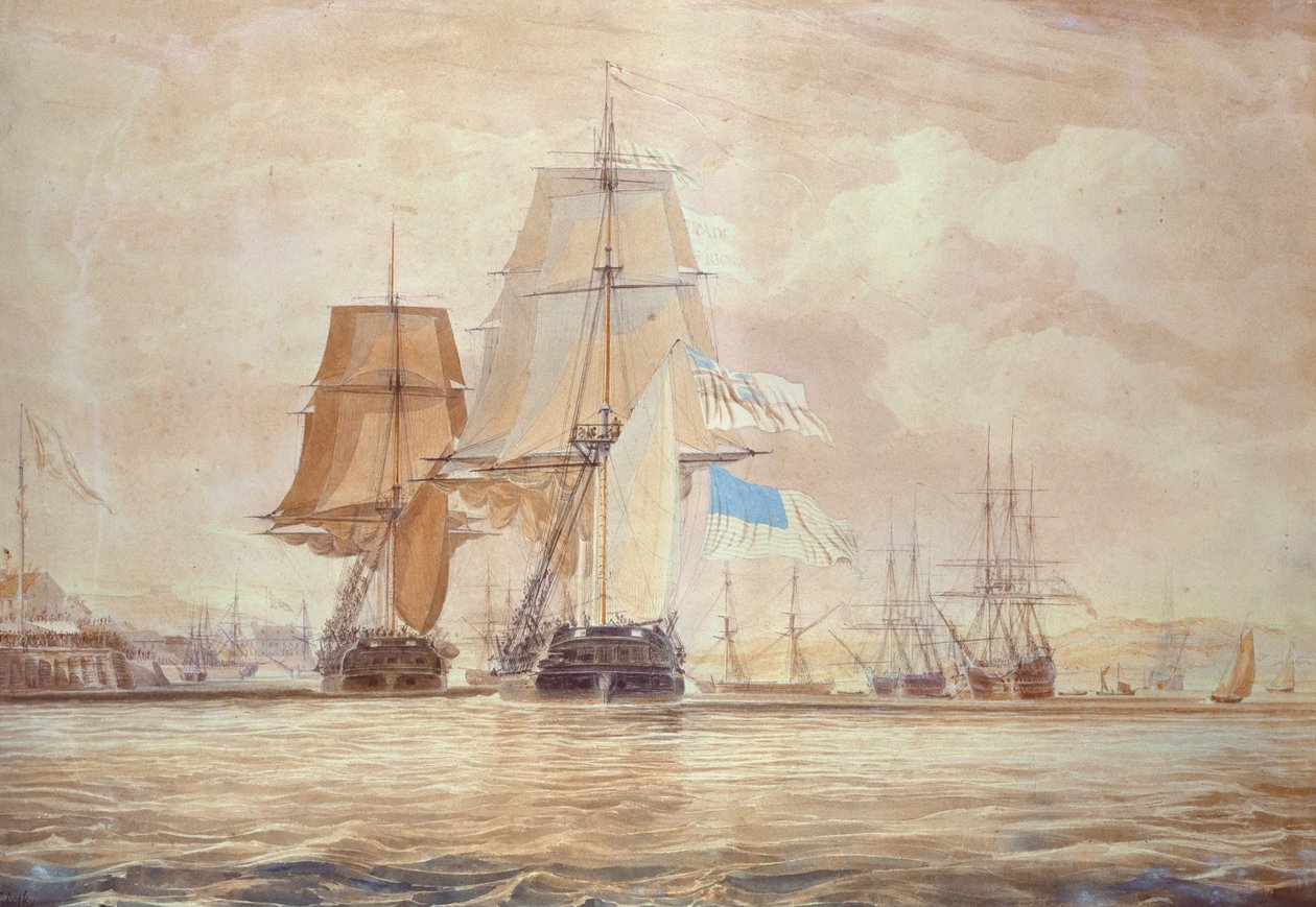 HMS &39;Shannon&39; liderando o &39;Chesapeake&39; em Halifax Harbour, 1813 de John Christian Schetsky