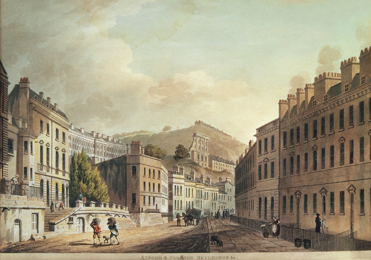 Edifícios Axford e Paragon de &39;Bath, Ilustrado por uma série de vistas&39;, gravado por I. Hill, 1806 (aquatint) de John Claude Nattes