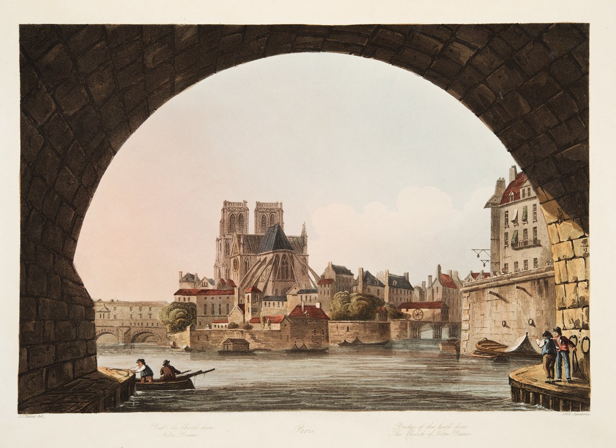 Ponte do hotel Dieu e a igreja de Notre Dame, ilustração de Versalhes, Paris e Saint Denis, bar. 1805 (aquatinta) de John Claude Nattes