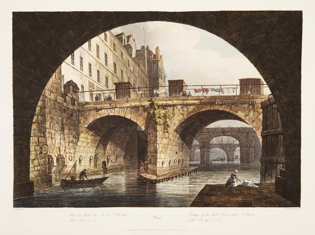 A ponte do hotel Dieu chamou St Charles, pouca ponte, ilustração de Versalhes, Paris e Saint Denis, bar. 1806 (aquatinta) de John Claude Nattes