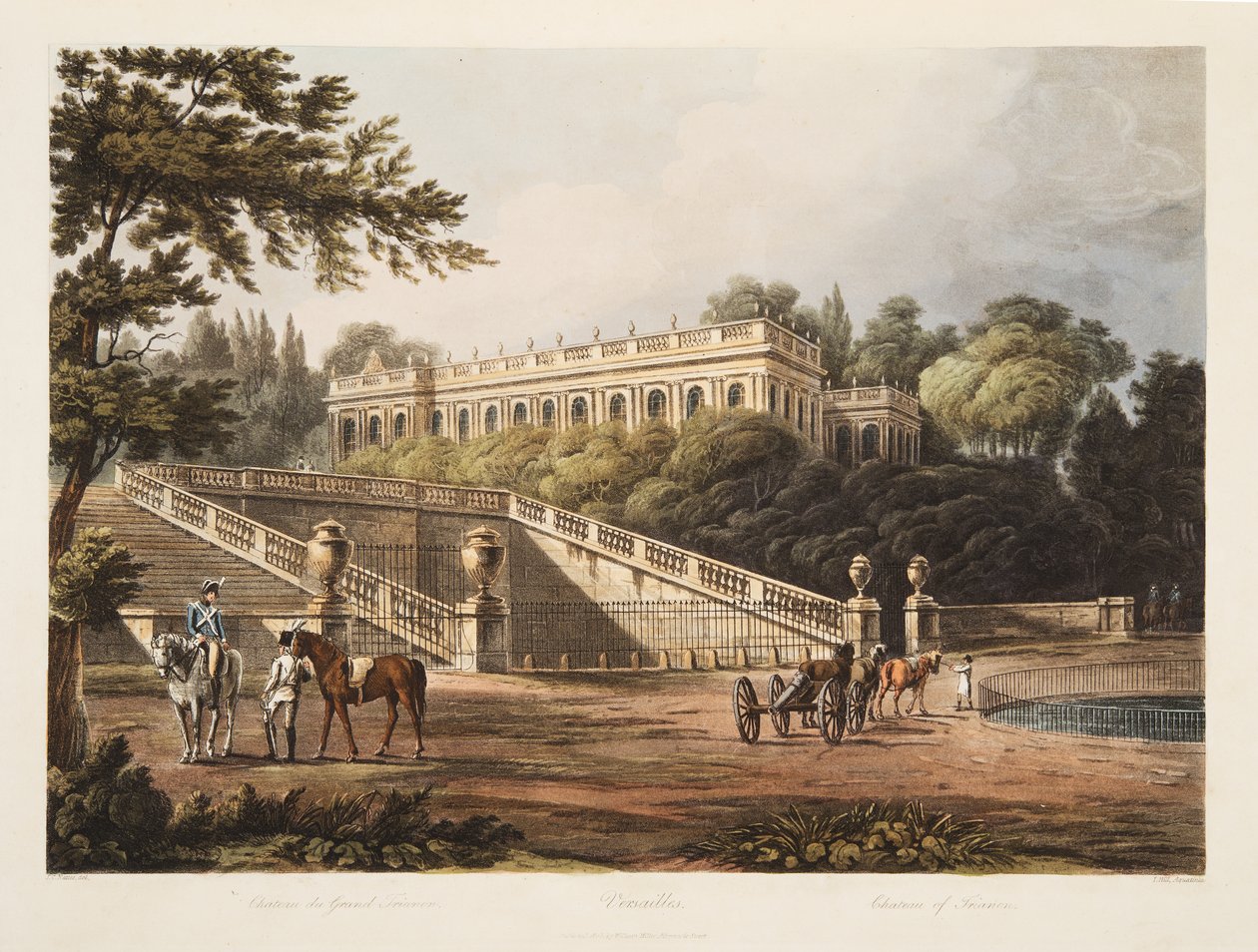 Castelo de Trianon, ilustração de Versalhes, Paris e Saint Denis, pub. 1805 (aquatinta) de John Claude Nattes