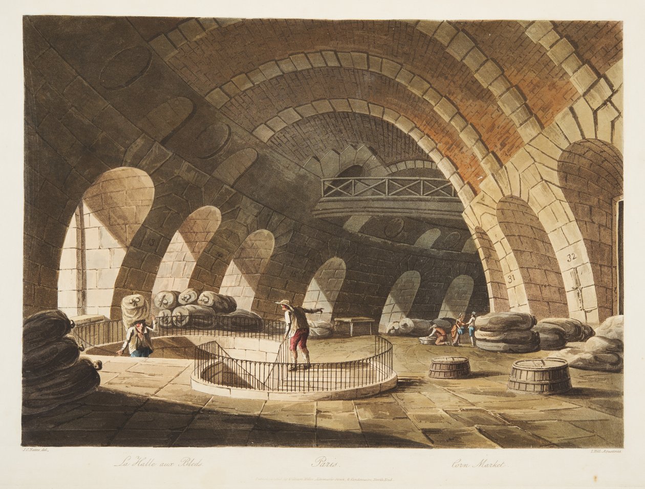 Mercado do milho, ilustração de Versalhes, Paris e Saint Denis, bar. 1805 (aquatinta) de John Claude Nattes