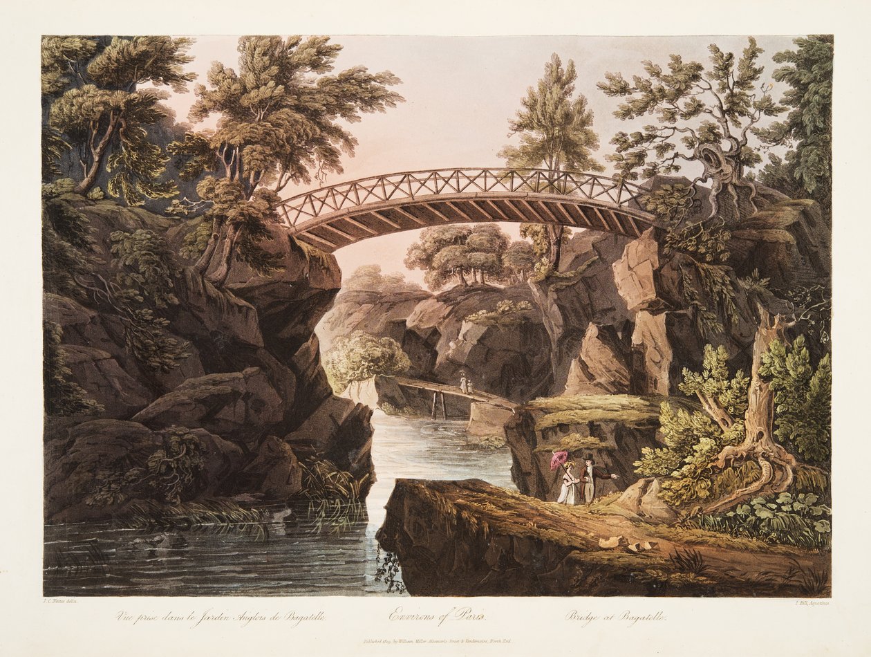Environs de Paris, ponte em Bagatelle, ilustração de Versalhes, Paris e Saint Denis, bar. 1809 (aquatinta) de John Claude Nattes
