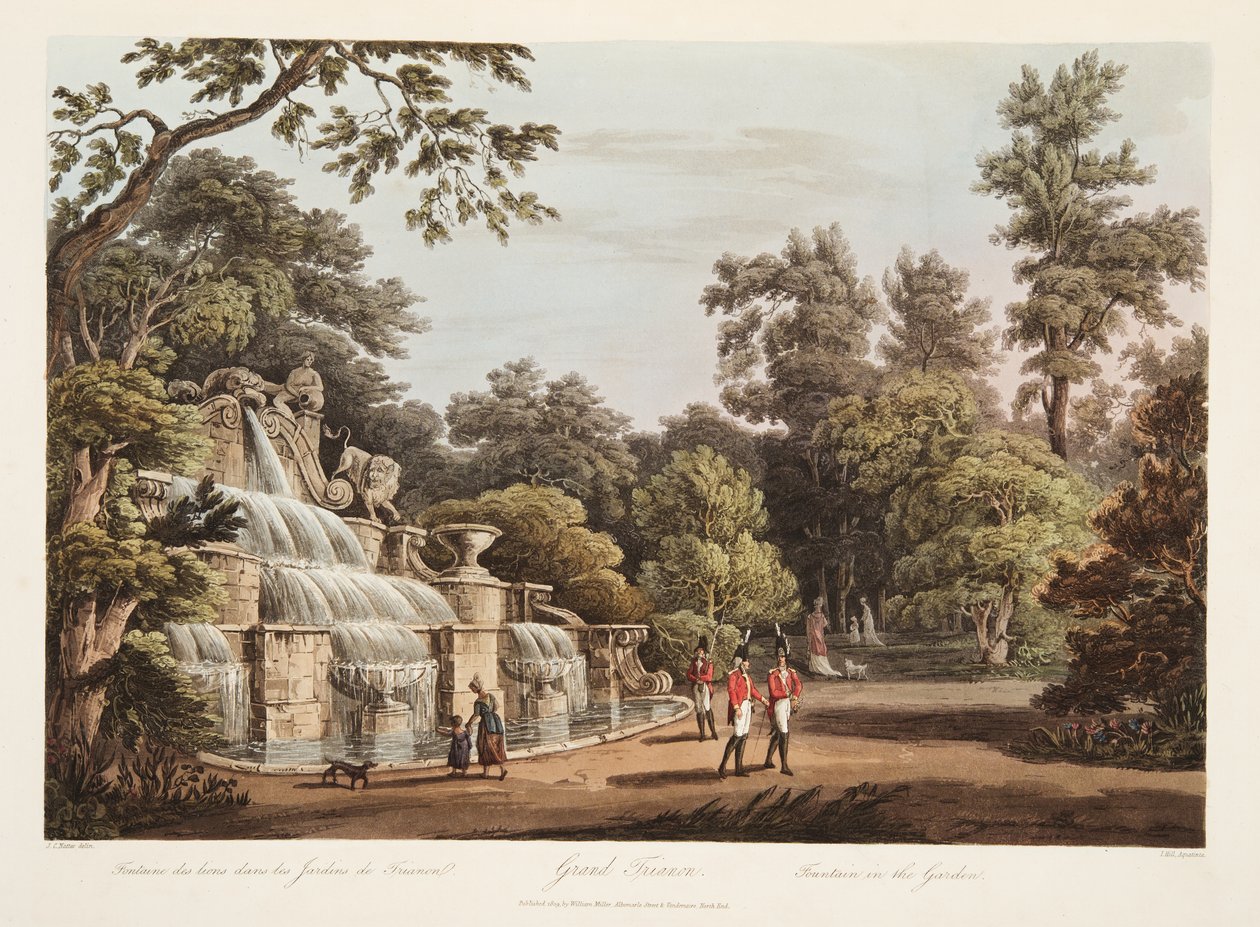 Grand Trianon, fonte no jardim, ilustração de Versalhes, Paris e Saint Denis, pub. 1805 (aquatinta) de John Claude Nattes