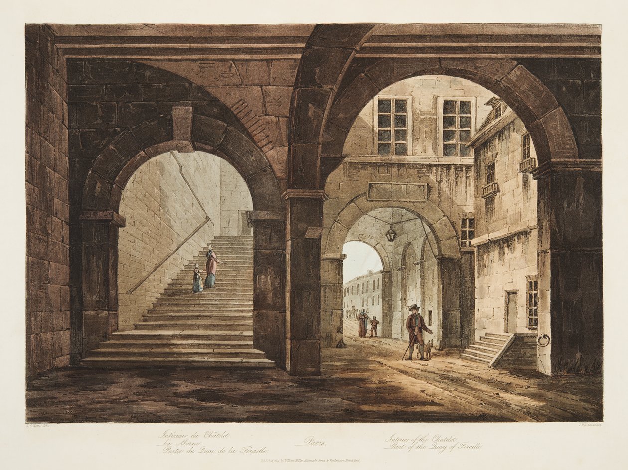 Interior do Chatelet, parte do cais de Feraille, ilustração de Versalhes, Paris e Saint Denis, pub. 1809 (aquatinta) de John Claude Nattes