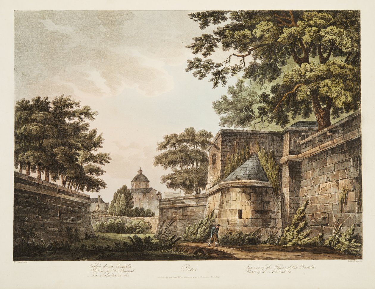 Interior dos Fosses da Bastilha, parte do arsenal, ilustração de Versalhes, Paris e Saint Denis, bar. 1809 (aquatinta) de John Claude Nattes