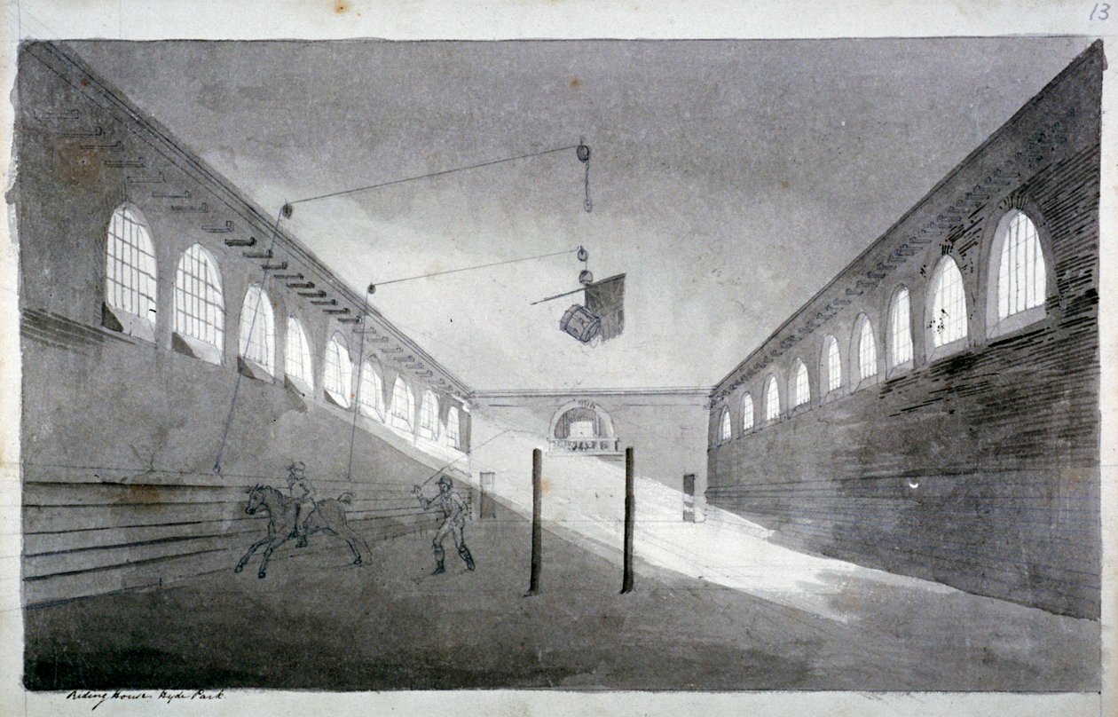 Vista interior da casa de equitação, Hyde Park, Londres, c1811 de John Claude Nattes