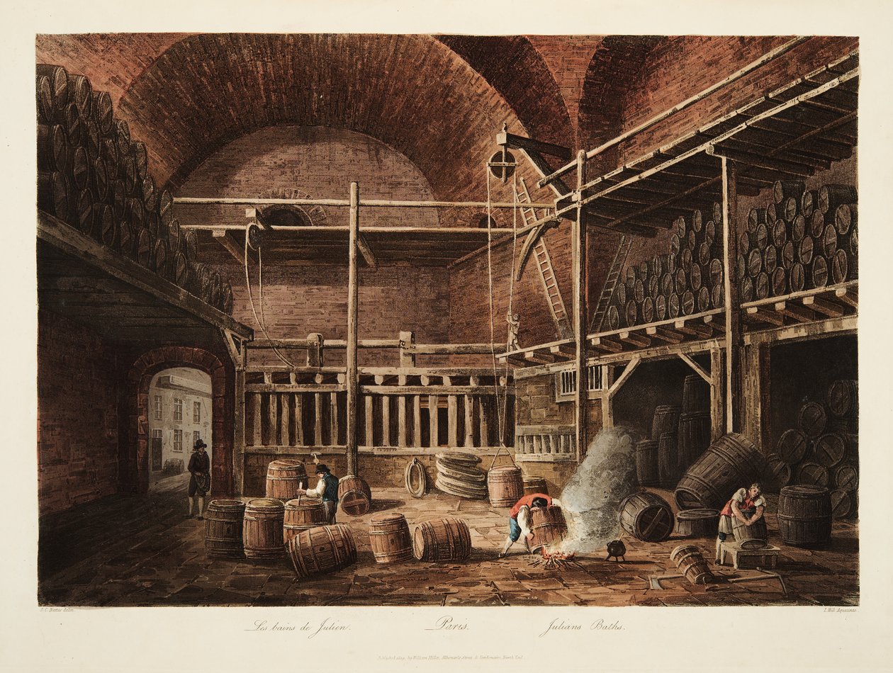 Julians Baths, ilustração de Versalhes, Paris e Saint Denis, pub. 1809 (aquatinta) de John Claude Nattes